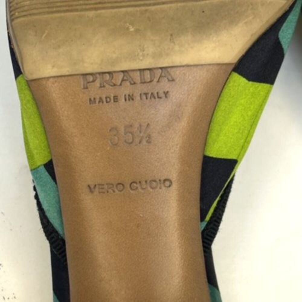 VTG Prada Mules Sz 35.5 Satin Geometric Blue Green Kitten Heels Bow Accent RARE! - Picture 13 of 15